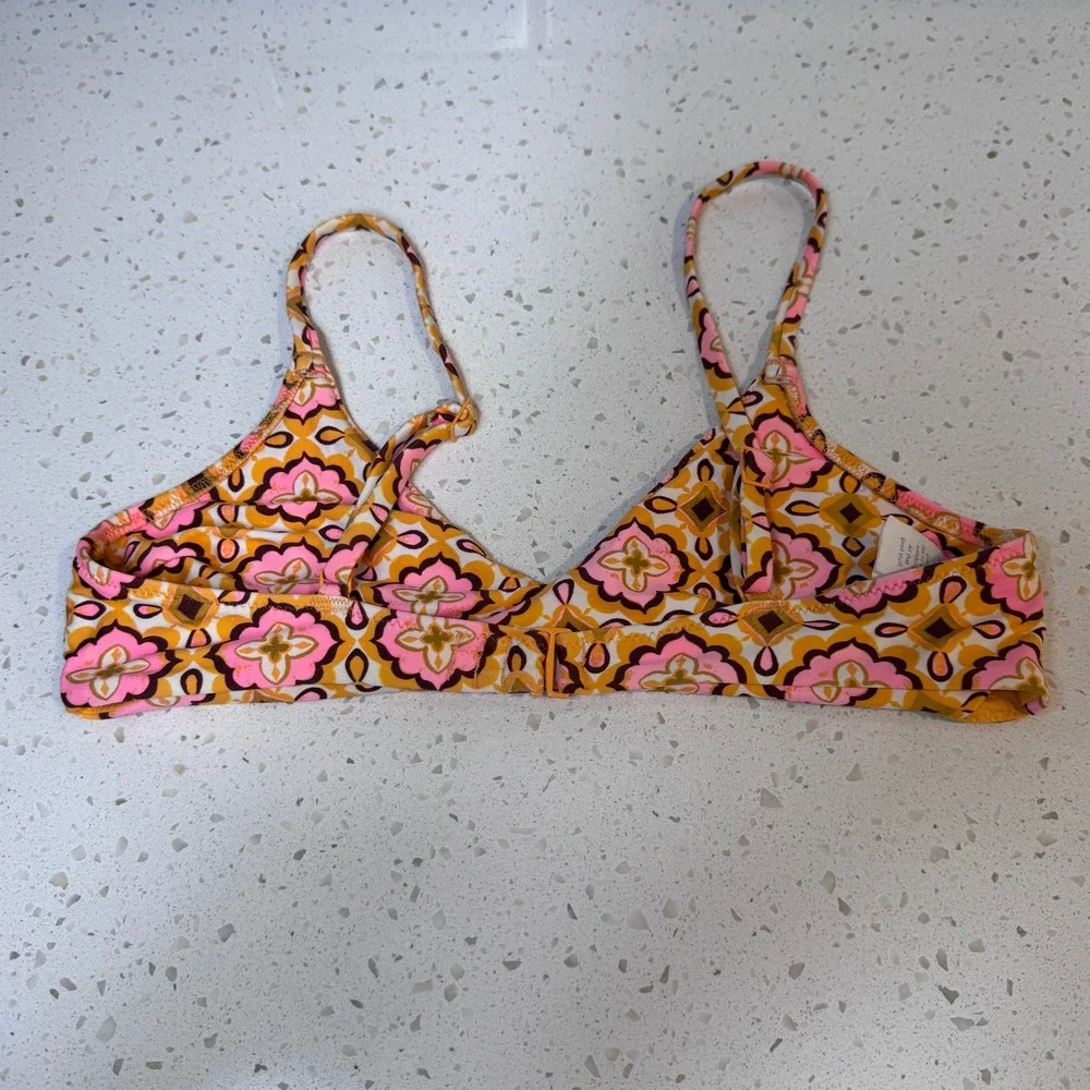 Aerie Real Good Scoop Bikini Top Retro Floral Orange Pink Small 984407628